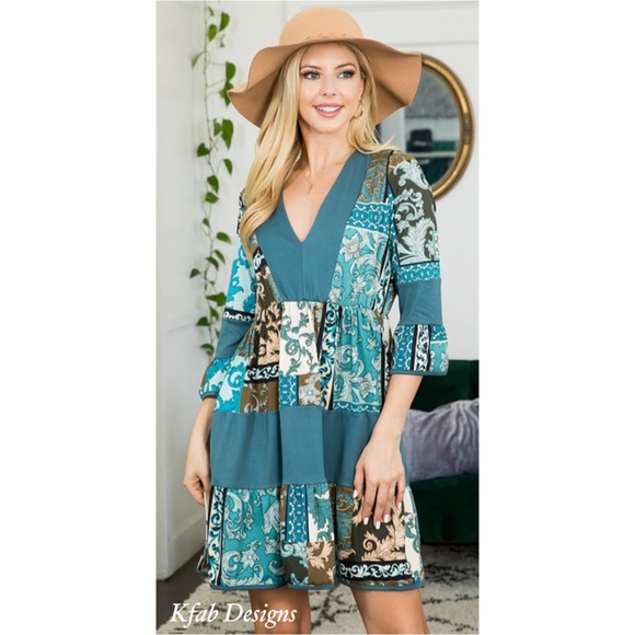 ❤️LAST 3! V Neck Mint Antique Blue Floral and Paisley Dress! - Picture 2 of 7